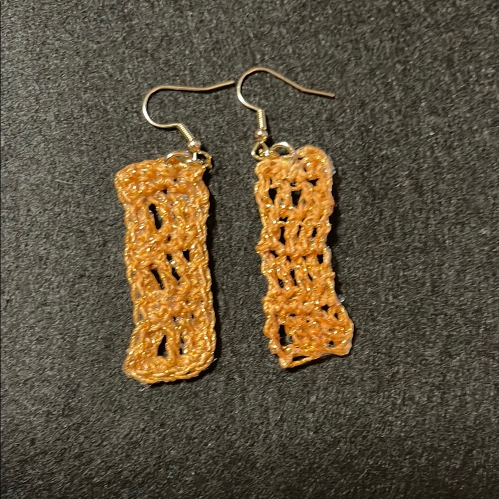 Gold Dangle Earrings with Intricate Lacy Pattern crochet